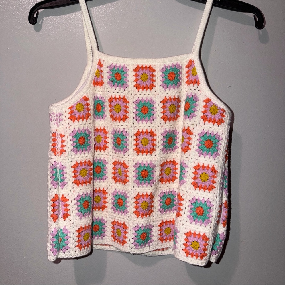 Crochet Short Top Granny Square Multicolor White - Picture 3 of 6